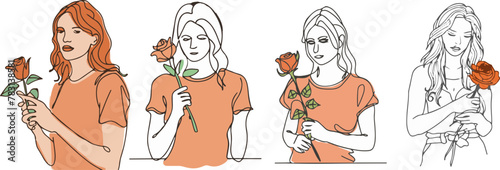 one line draw of woman holding a rose