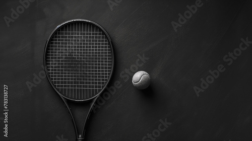 Minimalistic Tennis Racket and Ball on Monotone Surface. Generative AI © kinomaster