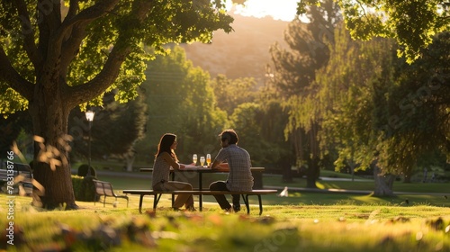 A couple enjoying a romantic meal at a picnic table in a park on a sunny day