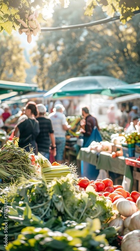 A vibrant farmers market filled to the brim with an array of fresh produce, including colorful fruits, vegetables, and herbs. People are bustling about, selecting and purchasing the ripest ingredients photo