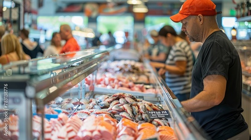 A man browsing the meat and seafood counter with natural lighting illuminating the display cases