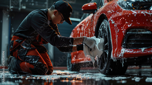 A worker in black overalls and wearing glasses is washing the windows of his red car with yellow microfiber cloths