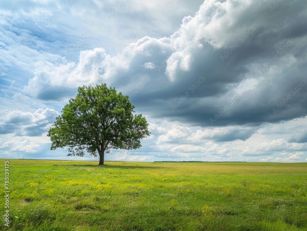 Serene Landscape with Lone Tree and Dramatic Cloudy Sky - Tranquil Meadow, Vibrant Green Tree, Atmospheric Clouds, Peaceful Solitude - Nature Stock Photo Serene Landscape with Lone Tree and Dramatic Cloudy Sky - Tranquil Meadow, Vibrant Green Tree, Atmospheric Clouds, Peaceful Solitude - Nature Stock Photo