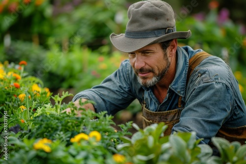A man in a hat is tending to colorful flowers in a lush garden, indicating a passion for horticulture and nature