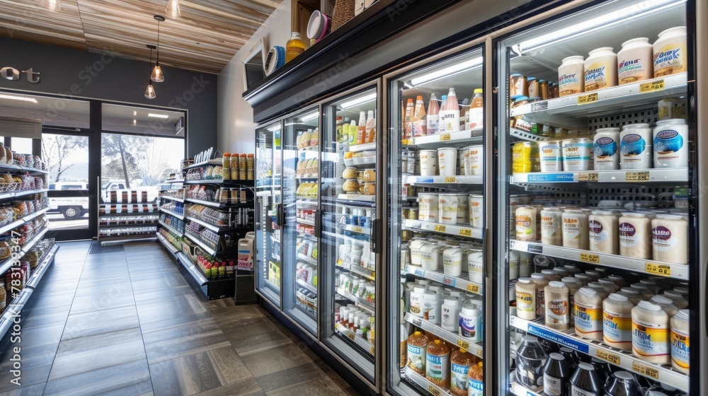 A grocery store filled with a variety of food and drinks, including dairy products and beverages, with natural light highlighting the freshness of the products