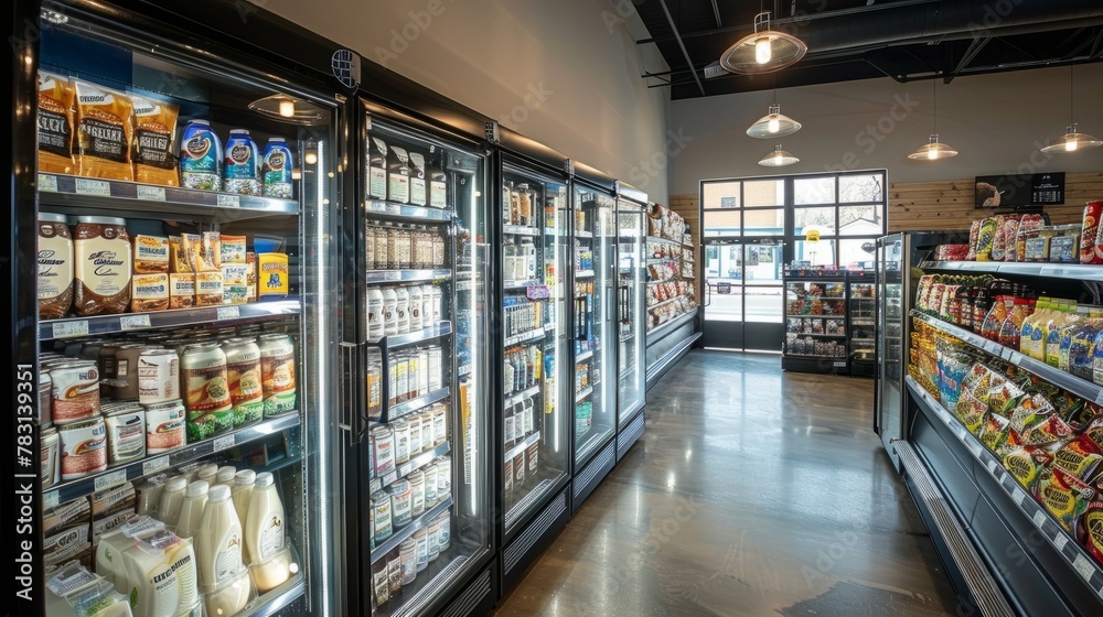 A grocery store aisle filled with fresh produce, meat, dairy products, and beverages, with customers browsing and employees restocking shelves. Natural light illuminates the abundance of food