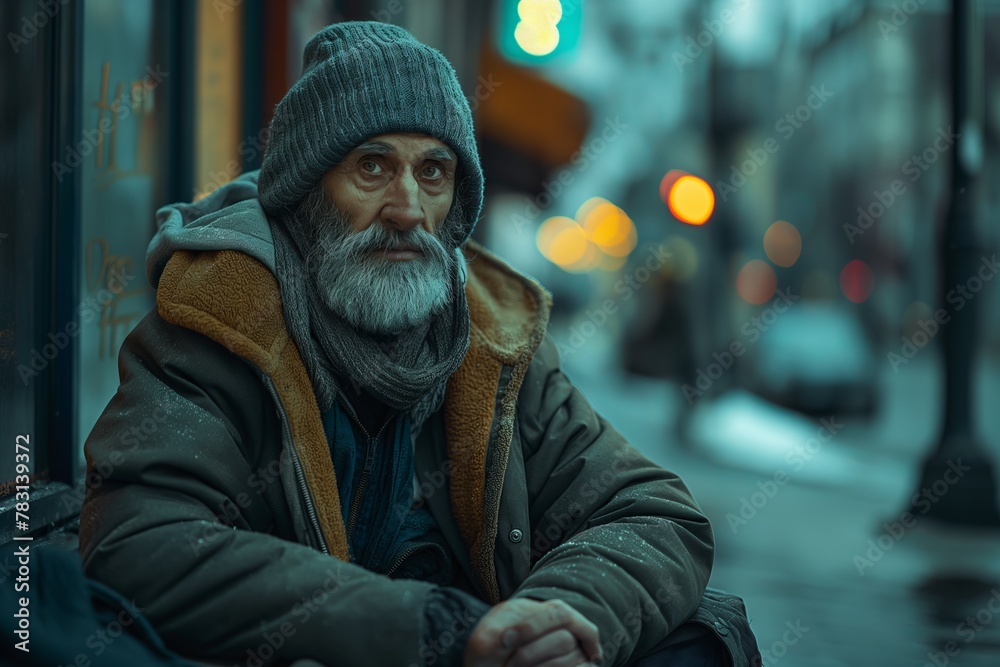 Poor homeless man outdoors on winter day. young or adult man guy, sitting on the street begging, begging, unkempt with a beard, park, autumn, group of people, sunny day portrait or close-up Poor homeless man outdoors on winter day. young or adult man guy, sitting on the street begging, begging, unkempt with a beard, park, autumn, group of people, sunny day portrait or close-up