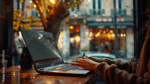 A person sitting at a cafe table, typing on a laptop. The screen shows completion of an online course named OhEX