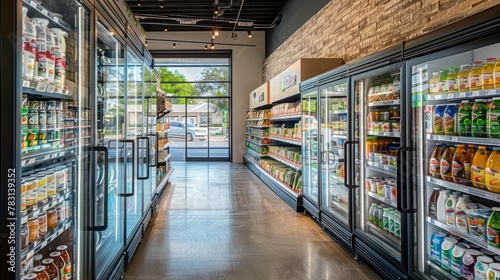 A grocery store with a variety of food and drinks displayed in a refrigerated aisle, illuminated by natural light photo