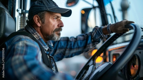 Side view of a man driving a truck with his hand on the steering wheel, focused on safety protocols
