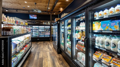 A grocery store filled with various food and drink items, including dairy products and beverages, displayed in a refrigerated aisle with natural light enhancing freshness