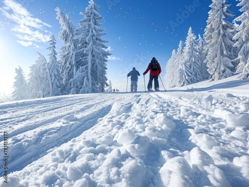 Stunning Winter Wonderland Cross-Country Skiing Trail in Mountain Resort - Pristine Snow, Towering Pines, Blue Sky, Outdoor Adventure