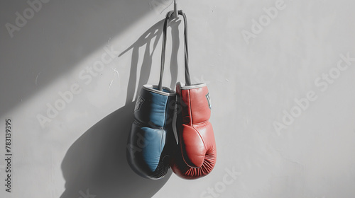 Red and Blue Boxing Gloves Hanging on White Background. Generative AI © kinomaster