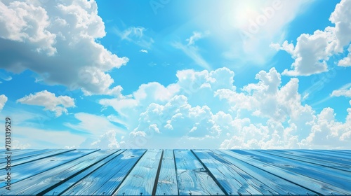 wooden terrace with beautiful view blue sky and cloud, copy space for display of product or object presentation and advertisement concept © May