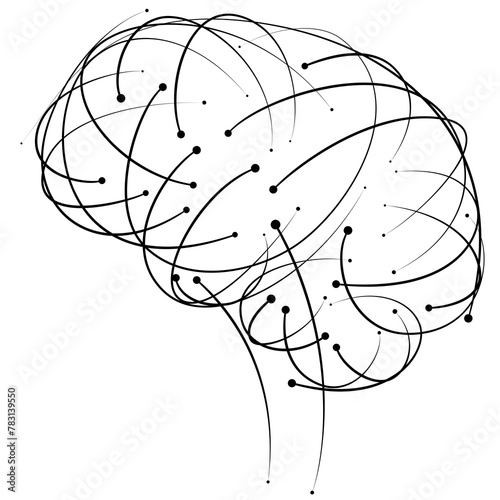 Illustration of white curves interlocking to form a human brain on a dark blue background. modern technology style Used in commercial, medical, advertising and educational applications.