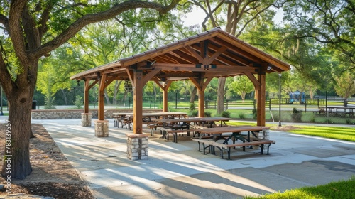 A wide shot of a shaded picnic pavilion in a park featuring multiple picnic tables and benches for larger groups to gather and enjoy meals outdoors