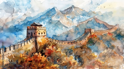 A detailed watercolor painting depicting the iconic Great Wall of China snaking across rugged terrain. The ancient fortification is captured with precision and intricate brushwork, showcasing its hist photo