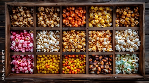 Wooden tray filled with diverse flavored popcorn containers like salted caramel and cheese