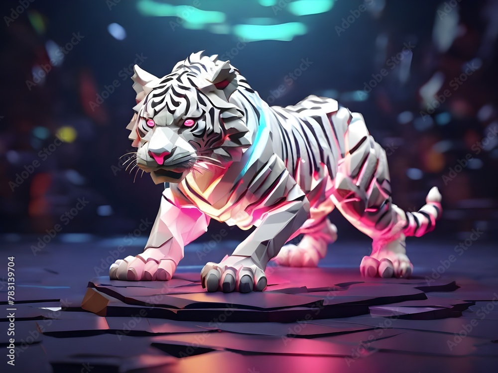 Fototapeta premium Low poly 3d image of low poly cute baby white tiger neon theme floating in metaverse 3d colorful background. 