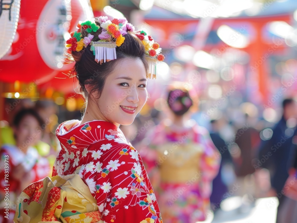 Vibrant Traditional Japanese New Year Celebration - Woman in Ornate Red Kimono, Floral Headdress, Festive Atmosphere with Torii Gates Vibrant Traditional Japanese New Year Celebration - Woman in Ornate Red Kimono, Floral Headdress, Festive Atmosphere with Torii Gates