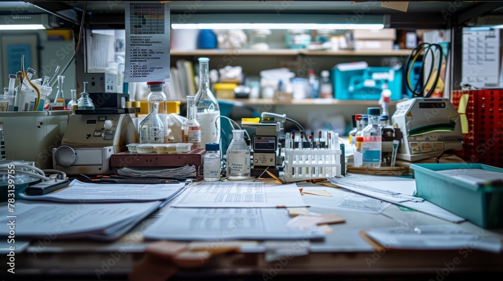 A wide-angle view of a cluttered laboratory bench filled with various equipment and research papers in a raw style setting