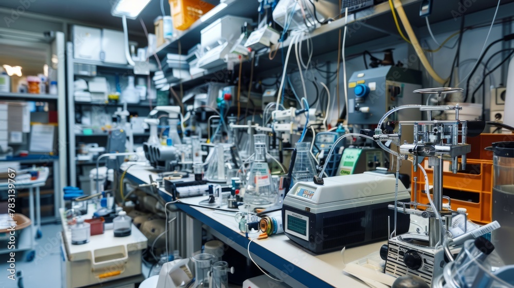 A wide-angle view of a cluttered lab bench filled with various types of scientific equipment