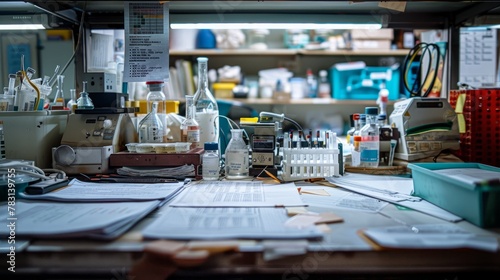 A wide-angle view of a cluttered laboratory bench filled with various equipment and research papers in a raw style setting