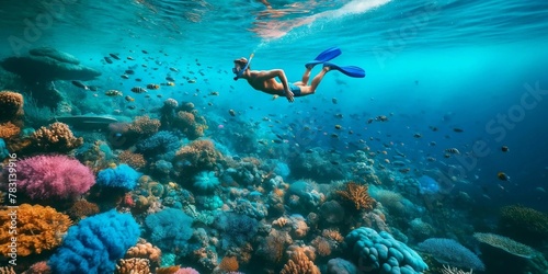 Free Diver Exploring Vibrant Coral Reef Underwater 