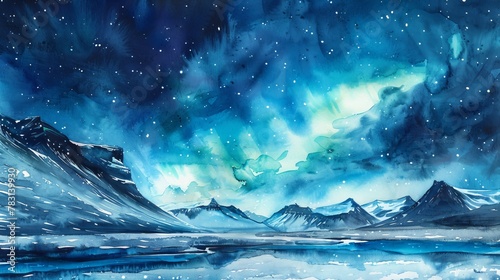 A watercolor painting featuring a night sky filled with bright stars, wispy clouds, and a hint of moonlight. The stars twinkle against the dark backdrop while gentle clouds drift by in this serene sce photo