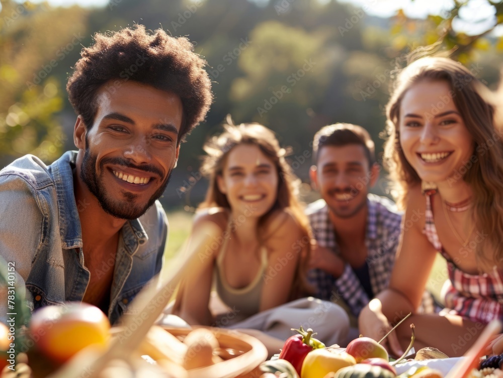 Diverse Group of Smiling Friends Enjoying Picnic Outdoors in Park, Sunny Ambiance, Casual Gathering with Food Spread on Blanket