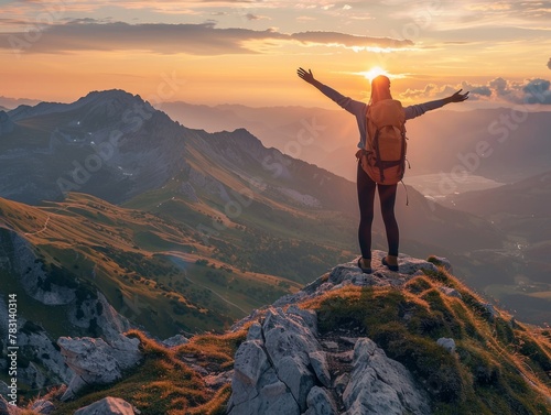 Solo Female Hiker Celebrates Conquering Mountain Peak at Sunset - Triumphant Traveler with Backpack Embracing Breathtaking Panoramic View