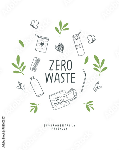 Vector biodegradable bag, with green leaves and hand drawn cartoon sketch of glass bottle, cotton bowl, paper straw and wooden comb  Zero waste and Sustainable lifestyle. Think Green. Plastic free