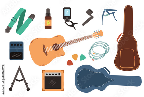 Acoustic guitar and accessories. Big set - capo, case, belt, picks, strings. Vector illustrations in flat style.