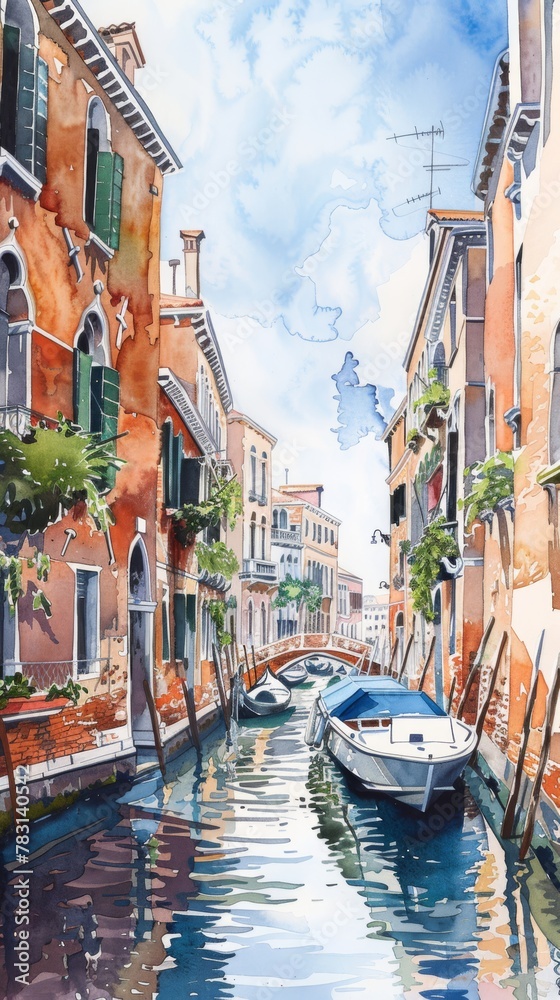 A realistic painting depicting boats sailing along a canal in Venice. The scene captures the essence of city life and transportation on the water.