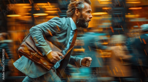 Businessman in suit with beard running through busy city street on a sunny day with blurred motion background © VICHIZH