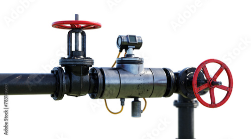 Red and black industrial valves on metal pipeline