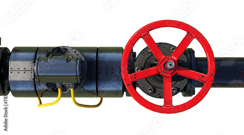 Side view of industrial pipeline with red wheel valves. Isolated on transparent background