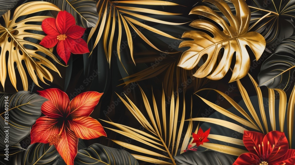 Stunning botanical design with golden tropic jungle palm leaves, exotic red flower and black and gold leaves on dark background Stunning botanical design with golden tropic jungle palm leaves, exotic red flower and black and gold leaves on dark background