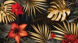 Stunning botanical design with golden tropic jungle palm leaves, exotic red flower and black and gold leaves on dark background