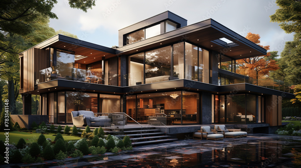 A Luxury Modern House With Big Windows Surronuded by Green Trees A Luxury Modern House With Big Windows Surronuded by Green Trees