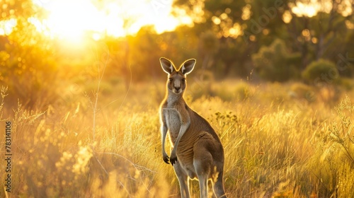 A kangaroo is standing in a field of tall grass. The kangaroo is the main focus of the scene, surrounded by lush green grass.