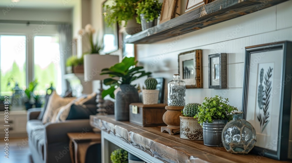 Warm and Inviting Rustic Shelving Display with Framed Artwork and Decorative Greenery