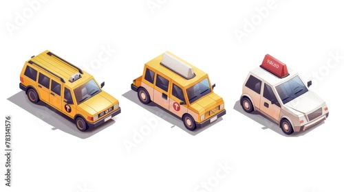 Car icon with shadow and highlight on white background. Yellow taxi sedan and minivan are used to transport freight and passengers.