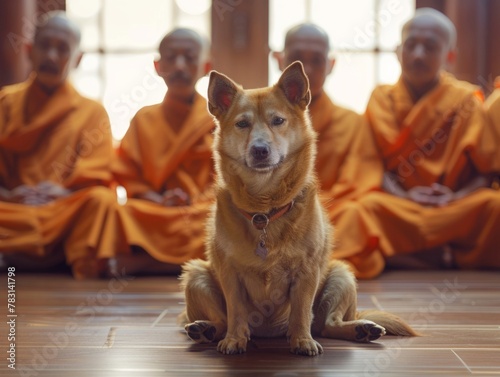 Zen Dog Meditating with Buddhist Monks in Temple, Spiritual Harmony Between Animals and Humans, Peaceful Monastery Scene photo