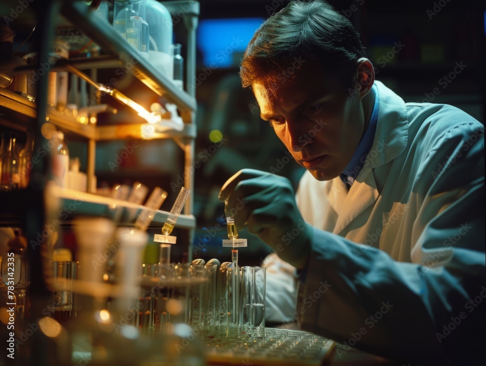 Worried Scientist Examining Test Tube in Dimly Lit Lab, Dramatic Lighting Conveys Tense Moment of Scientific Analysis - Stock Photo