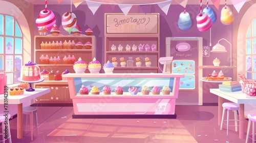Cartoon illustration of an empty candy shop interior with different kinds of pastry, cashier's desk, shelves and tables with chocolates, candycanes, and lollipops for sale, as well as a banner with photo