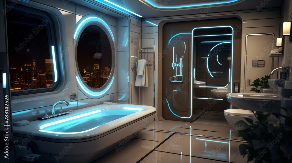 Fototapeta premium Generative AI A futuristic bathroom with high-tech features, LED-lit mirrors, and touchless fixtures.