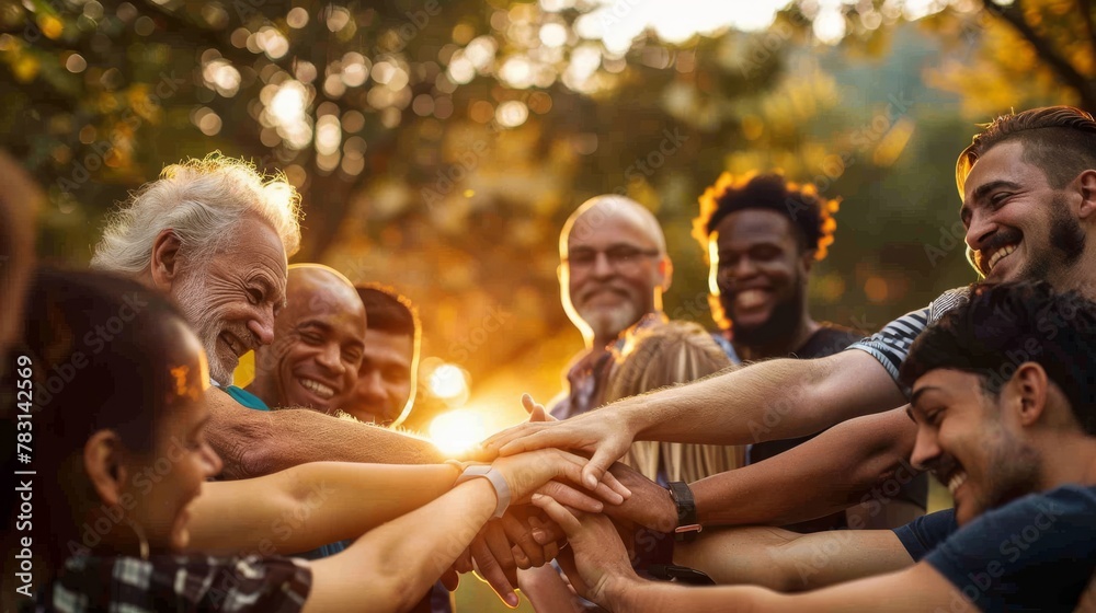 A group of people are hugging and smiling, with one man wearing a watch. Scene is happy and friendly A group of people are hugging and smiling, with one man wearing a watch. Scene is happy and friendly