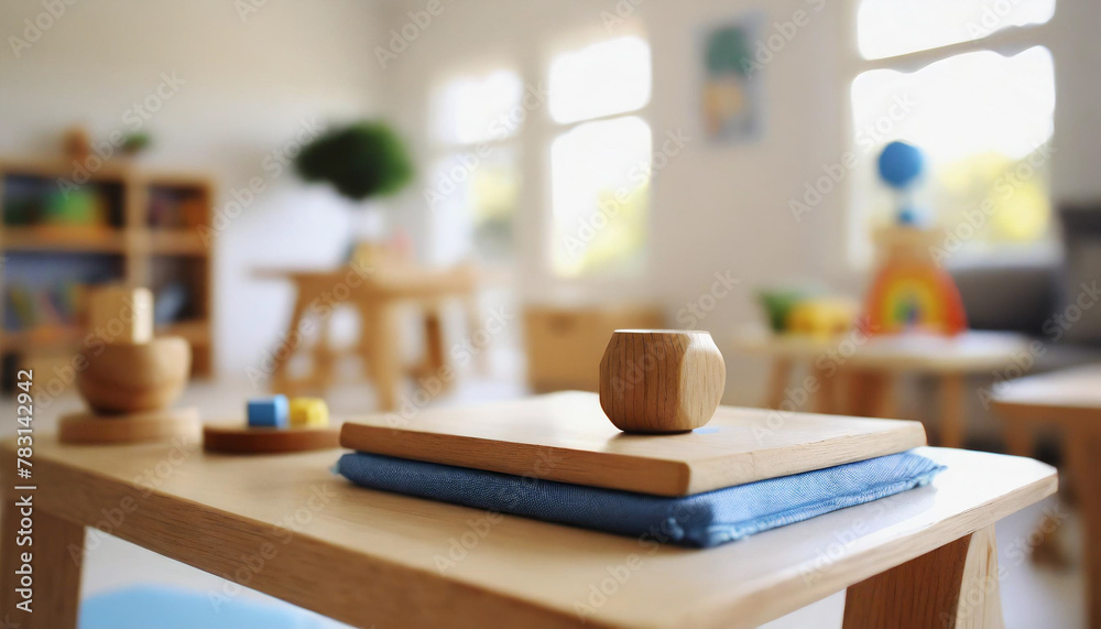 Montessori classroom, beautiful kindergarten with many wooden educational toys and games for children
Montessori classroom, beautiful kindergarten with many wooden educational toys and games for children