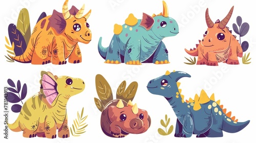 Cute dino clipart of triceratops, parasaurolophus, brachiosaurus, and stegosaurus. Modern dinosaur characters, fossil prehistoric animals. Isolated ancient reptile.